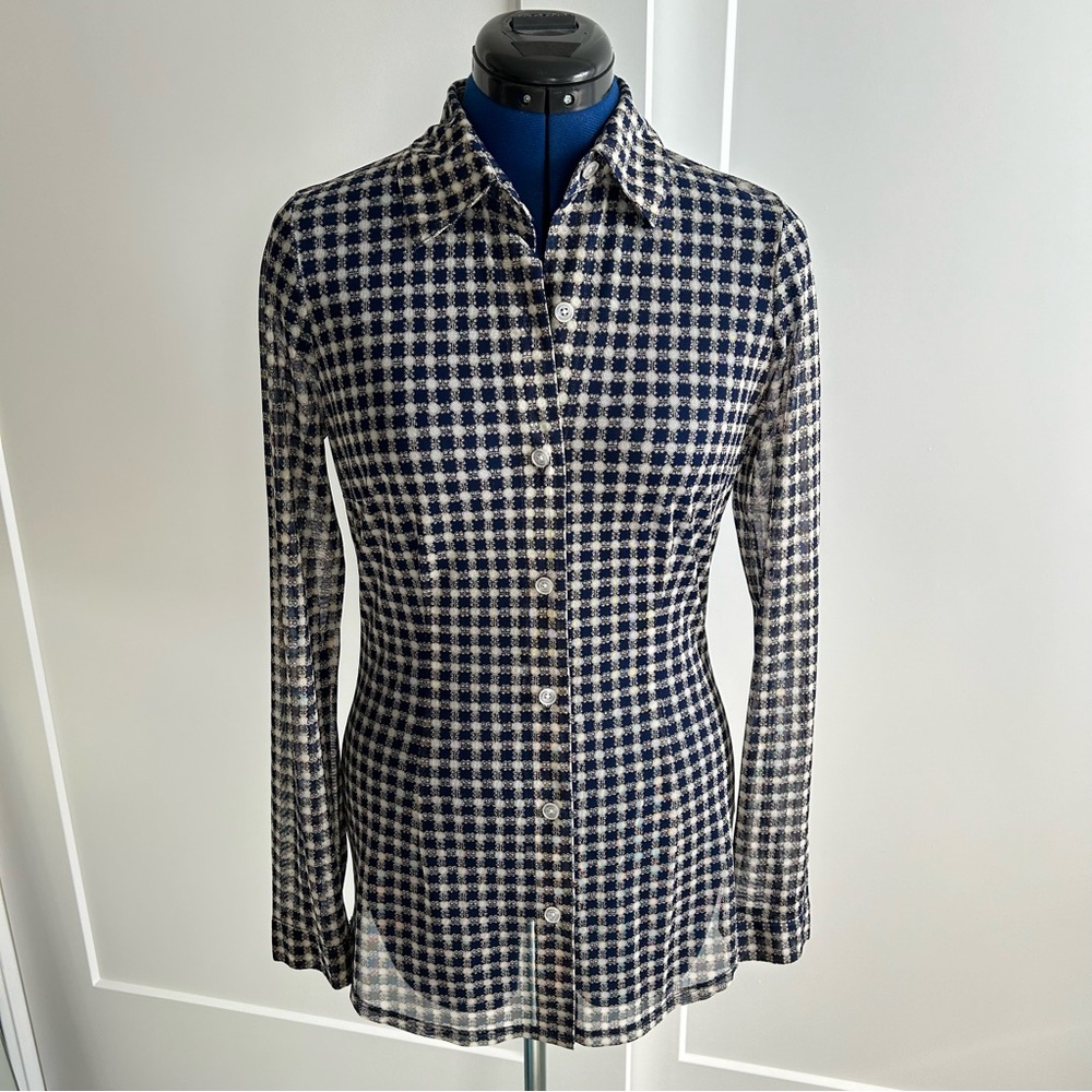 CAbi navy & off white checked blouse, size small. Somewhat sheer. EUC